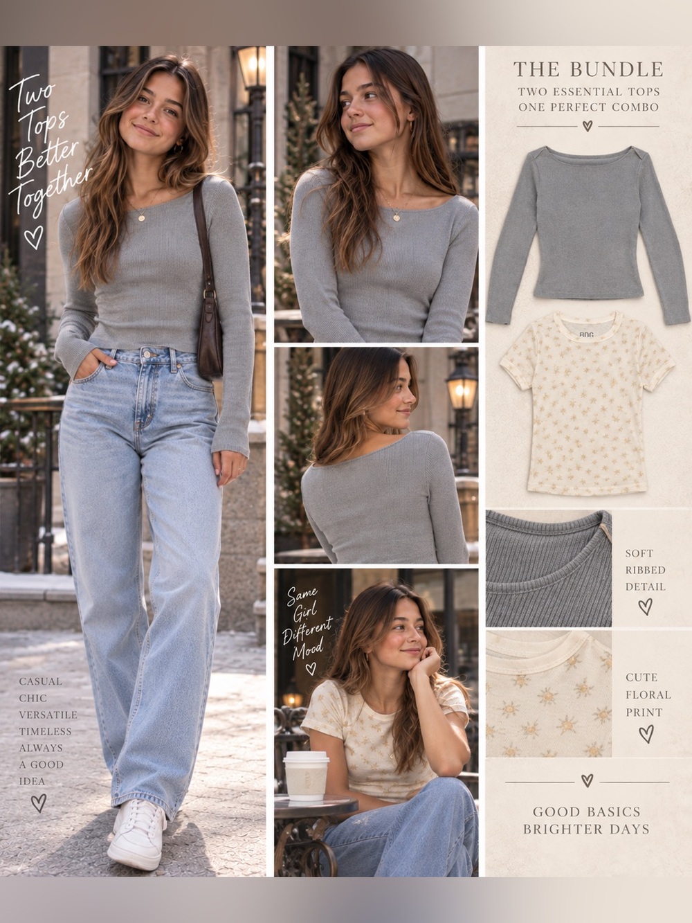 BDG Juniors/Tweens Cream Star Print Tee & Gray Ribbed Long Sleeve Top 2-Pack XS